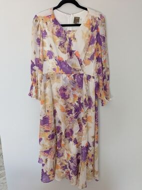 Taylor Floral Chiffon Faux Wrap Midi Dress Ruffle V-Neck Size 10 Purple Orange